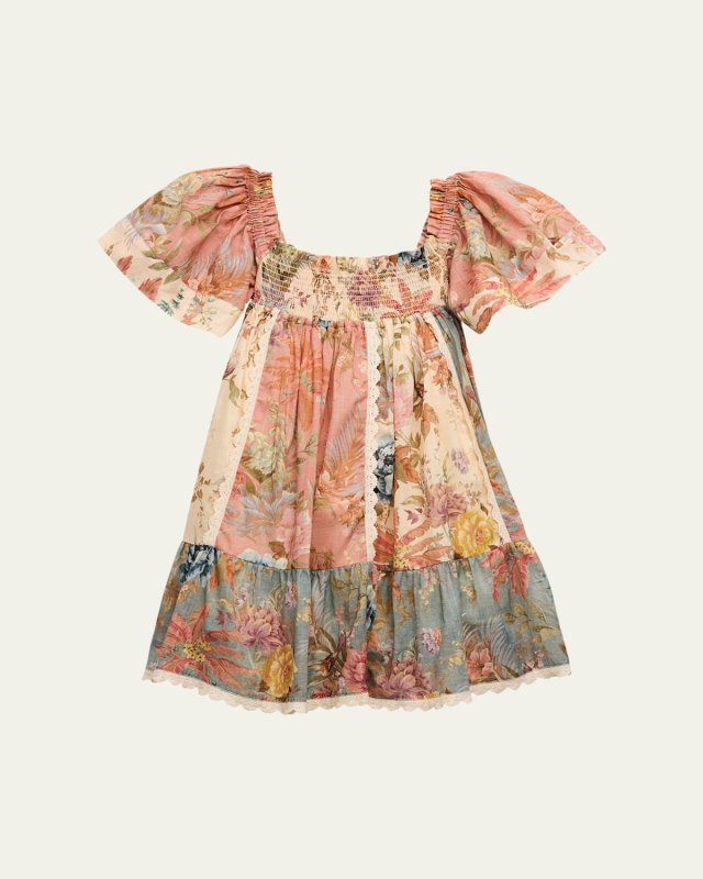 Girl's Tallow Smocked Floral-Print Patchwork-Print Frill Dress, Size 2-1